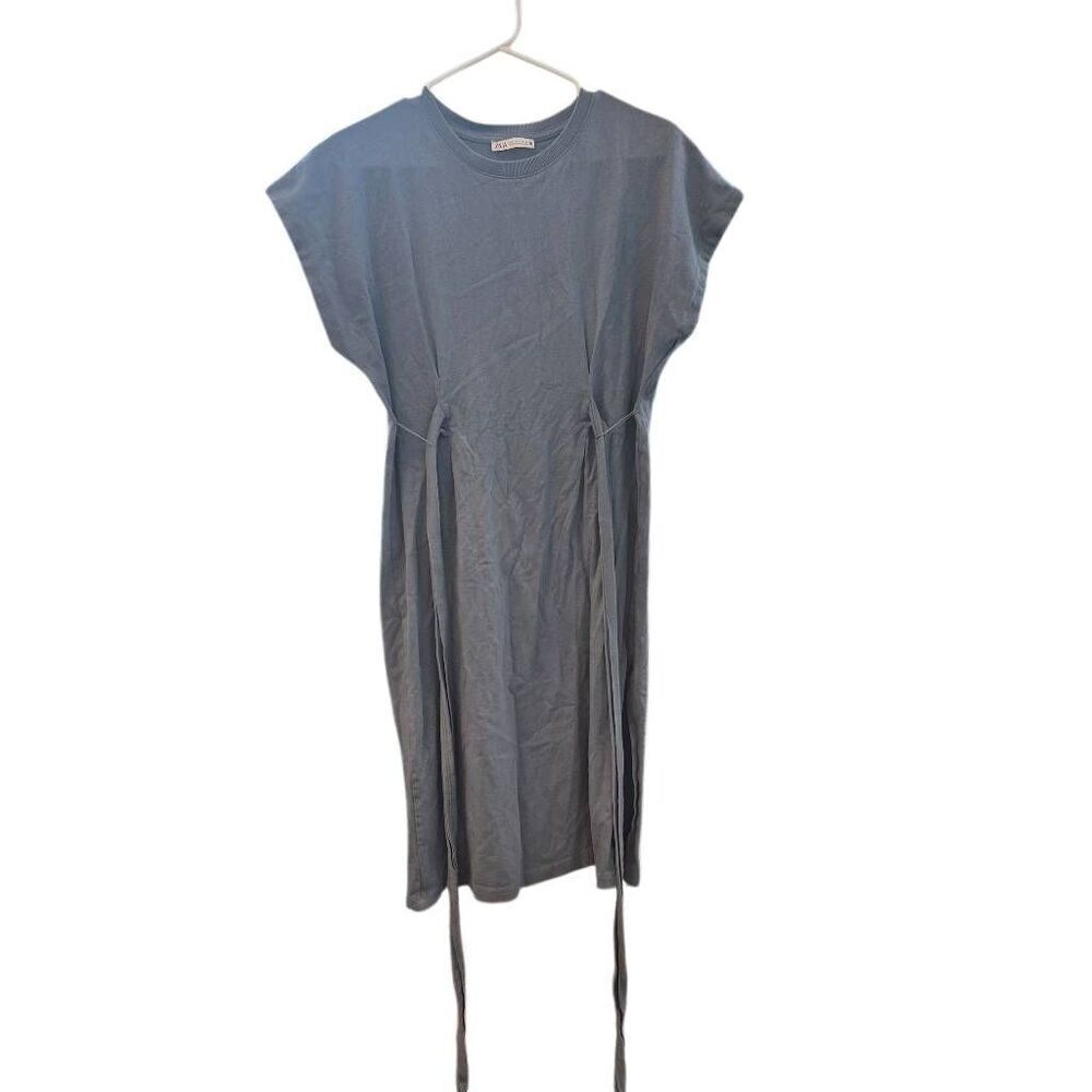 Zara Women's Gray/Blue Cotton/Spandex T-shirt Knit Dress w Slit & Sash